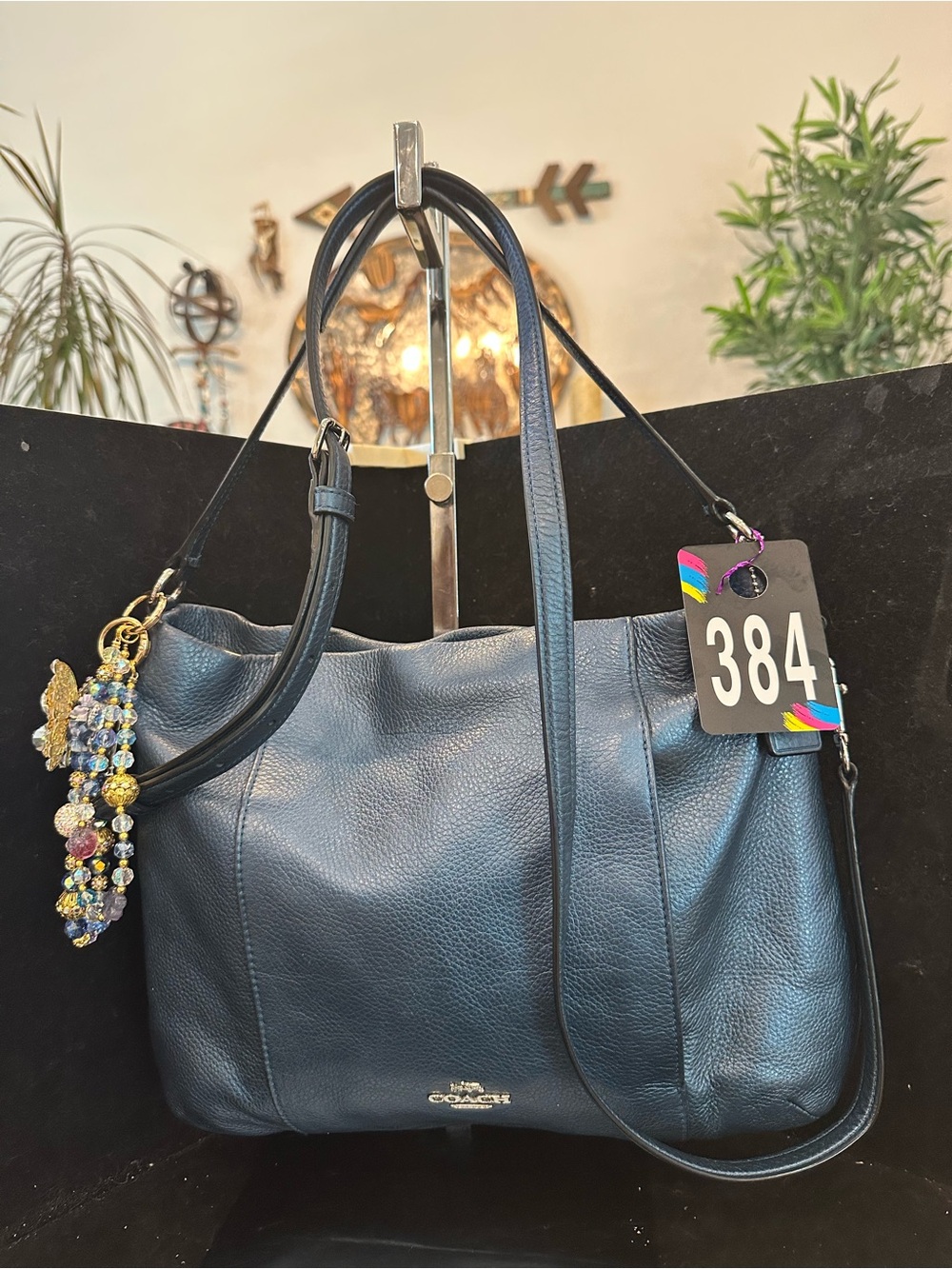 Coach #384 Isabelle East/West Pebbled Leather Tote Bag in iridescent blue